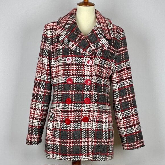 Rue21 Plaid Double Breasted Pea Coat Sz L Gray Red White Preppy Nautical Classic - Picture 1 of 7